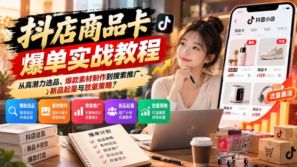 抖店商品卡爆单实战教程：从高潜力选品、爆款素材制作到搜索推广、新品起量与放量策略-北极星资源库