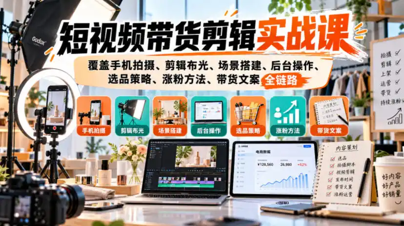 短视频带货剪辑实战课,覆盖手机拍摄、剪辑布光、场景搭建、后台操作、选品策略、涨粉方法、带货文案全链路-北极星资源库