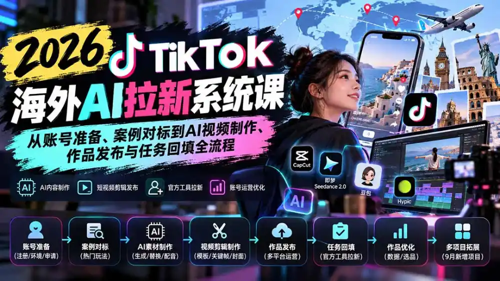 【无水印】2026 TikTok海外AI拉新系统课：从账号准备、案例对标到AI视频制作、作品发布与任务回填全流程-北极星资源库