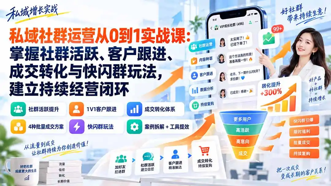 私域社群运营从0到1实战课：掌握社群活跃、客户跟进、成交转化与快闪群玩法，建立持续经营闭环-北极星资源库