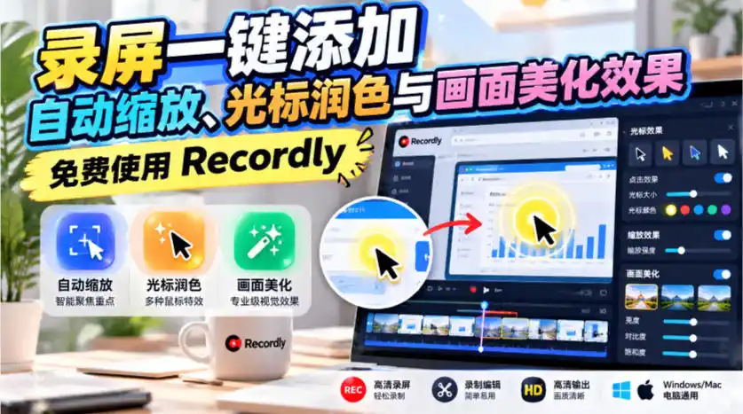 录屏一键添加自动缩放、光标润色与画面美化效果,免费使用Recordly-北极星资源库