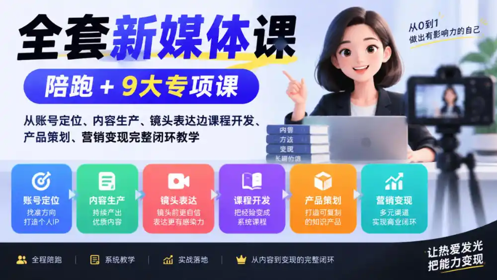 全套新媒体课｜陪跑+9大专项课，从账号定位、内容生产、镜头表达到课程开发、产品策划、营销变现完整闭环教学-北极星资源库