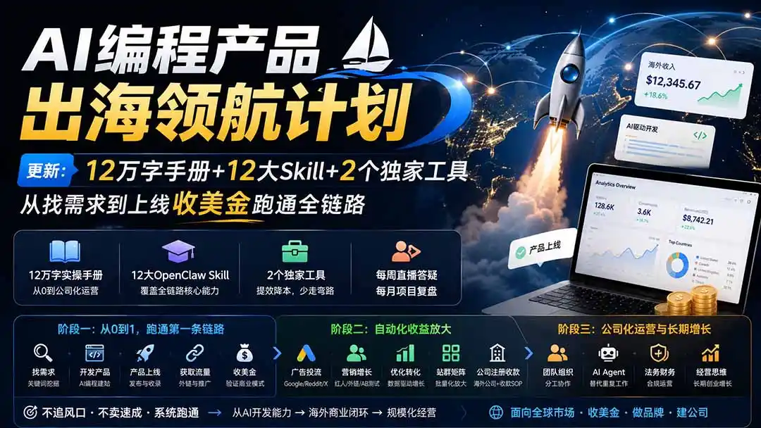 AI编程产品出海领航计划-更新：12万字手册+12大Skill+2个独家工具，从找需求到上线收美金跑通全链路-北极星资源库