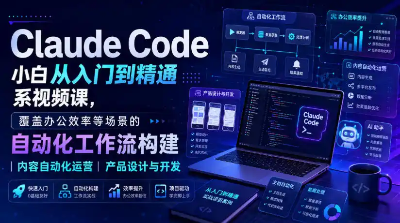 Claude Code小白从入门到精通系视频课，覆盖办公效率等场景的自动化工作流构建|内容自动化运营|产品设计与开发-北极星资源库