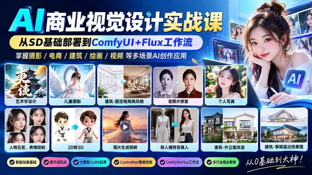 【无水印】AI商业视觉设计实战课：从SD基础部署到ComfyUI+Flux工作流，掌握摄影电商建筑AI创作-北极星资源库