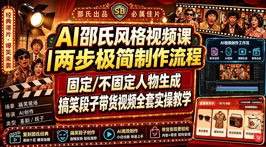 AI邵氏风格视频课｜两步极简制作流程，固定/不固定人物生成，搞笑段子带货视频全套实操教学-北极星资源库