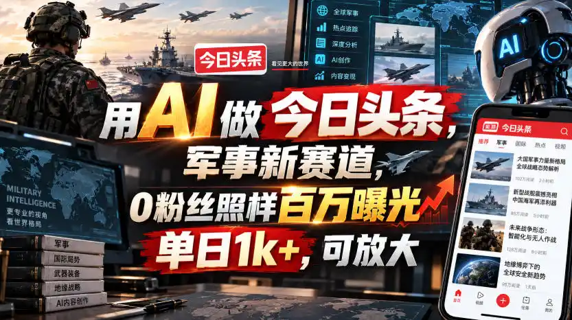 用AI做今日头条，军事新赛道，0粉丝照样百万曝光，单日1k+，可放大-北极星资源库
