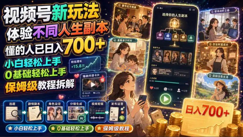 视频号新玩法体验不同人生副本，懂的人已日入700+，小白轻松上手，0基础轻松上手，保姆级教程拆解-北极星资源库