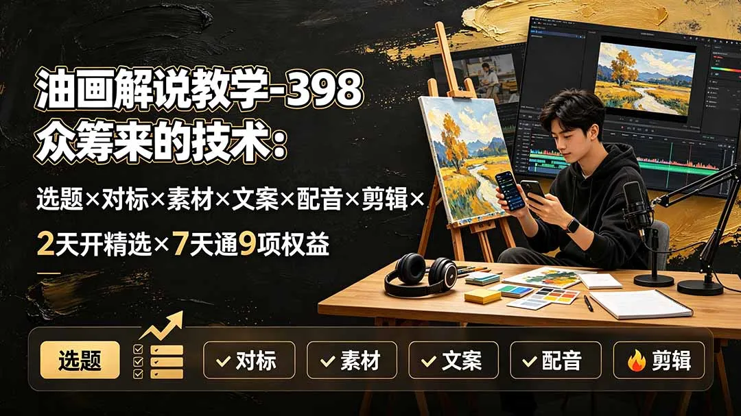 油画解说教学-398众筹来的技术：选题×对标×素材×文案×配音×剪辑×2天开精选×7天通9项权益-北极星资源库