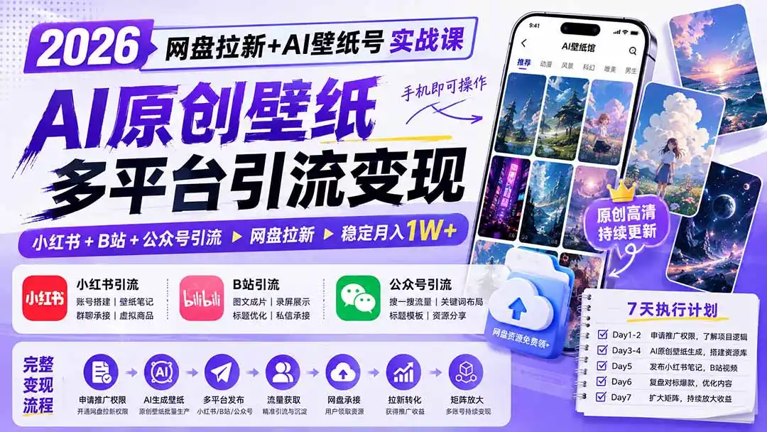 2026网盘拉新+AI壁纸号实战课：AI原创壁纸+小红书+B站+公众号引流，手机即可操作，月入1W+-北极星资源库