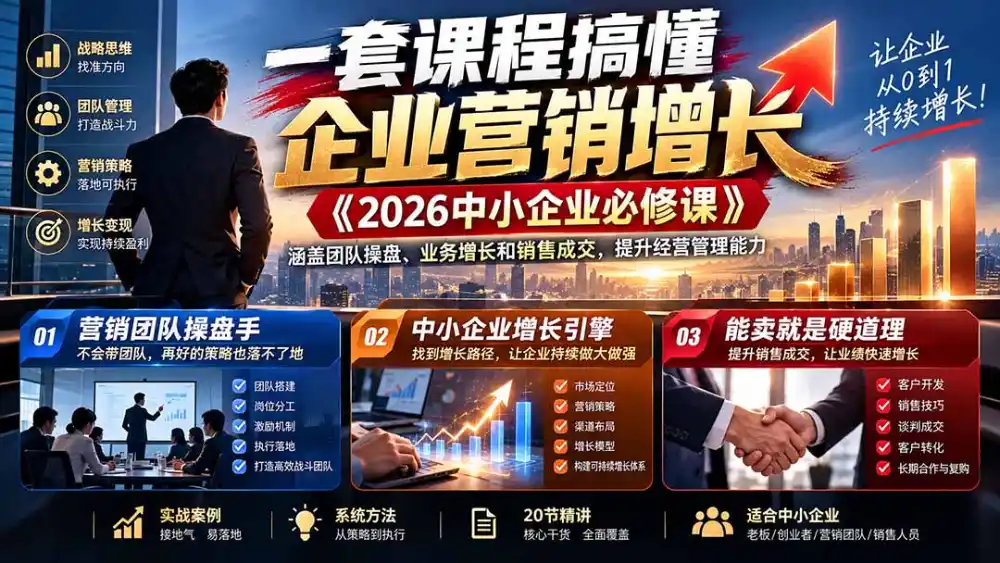 一套课程搞懂企业营销增长《2026中小企业必修课》涵盖团队操盘、业务增长和销售成交，提升经营管理能力-北极星资源库