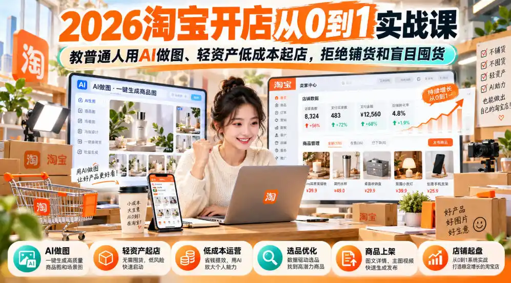 2026淘宝开店从0到1实战课，教普通人用AI做图、轻资产低成本起店，拒绝铺货和盲目囤货-北极星资源库