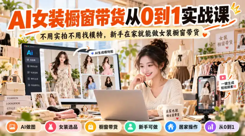 AI女装橱窗带货从0到1实战课,不用实拍不用找模特,新手在家就能做女装橱窗带货-北极星资源库