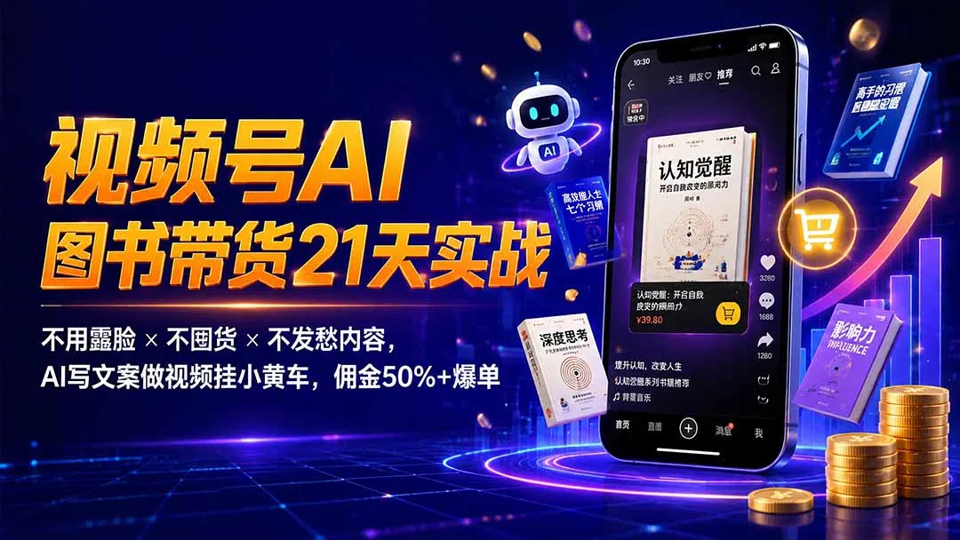 繁花视频号AI图书带货21天实战:不用露脸×不囤货×不发愁内容,AI写文案做视频挂小黄车,佣金50%+爆单-北极星资源库