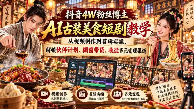 抖音4W粉丝博主AI古装美食短剧教学,从视频制作到剪辑实操,解锁伙伴计划、橱窗带货、收徒多元变现渠道-北极星资源库