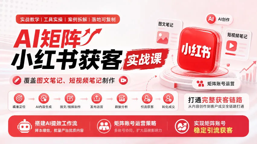 AI矩阵小红书获客实战课，覆盖图文笔记、短视频笔记制作，打通完整获客链路，搭建AI提效工作流，实现矩阵账号稳定引流获客（更新1005）-北极星资源库