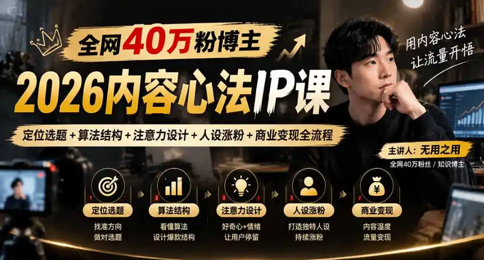 【无水印】全网40W粉博主的2026内容心法IP课，定位选题+算法结构+注意力设计+人设涨粉+商业变现全流程-北极星资源库