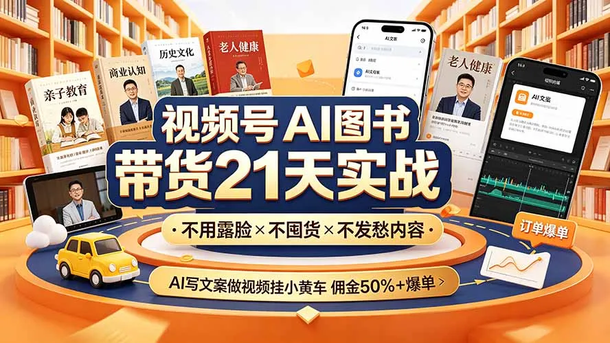 视频号AI图书带货21天实战：不用露脸×不囤货×不发愁内容，AI写文案做视频挂小黄车，佣金50%+爆单-北极星资源库