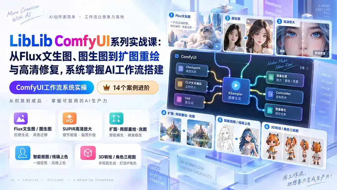 LibLib ComfyUI系列实战课：从Flux文生图、图生图到扩图重绘与高清修复，系统掌握AI工作流搭建-北极星资源库