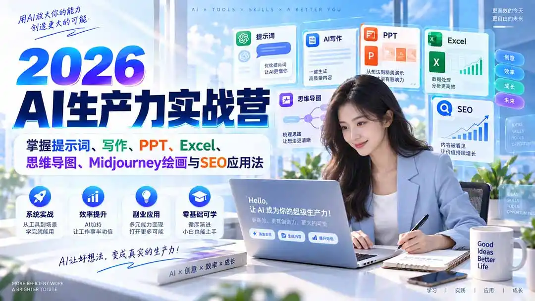 2026AI生产力实战营：掌握提示词、写作、PPT、Excel、思维导图、Midjourney绘画与SEO应用法-北极星资源库