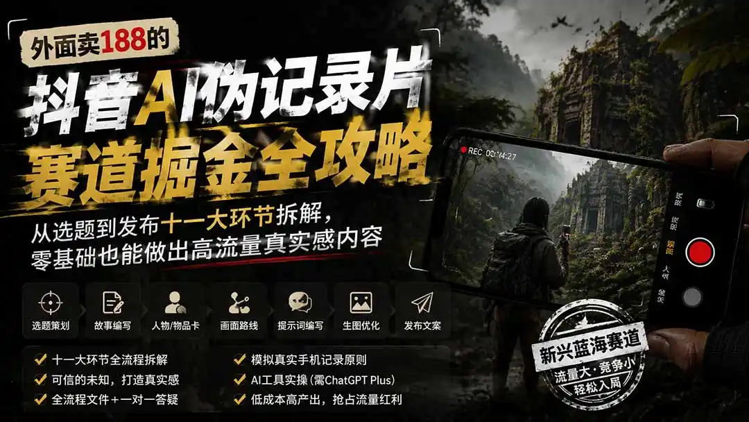 外面卖188的抖音AI伪记录片赛道掘金全攻略；从选题到发布十一大环节拆解，零基础也能做出高流量真实感内容-北极星资源库