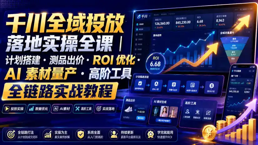 千川全域投放落地实操全课｜计划搭建・测品出价・ROI优化・AI素材量产・高阶工具全链路实战教程-北极星资源库