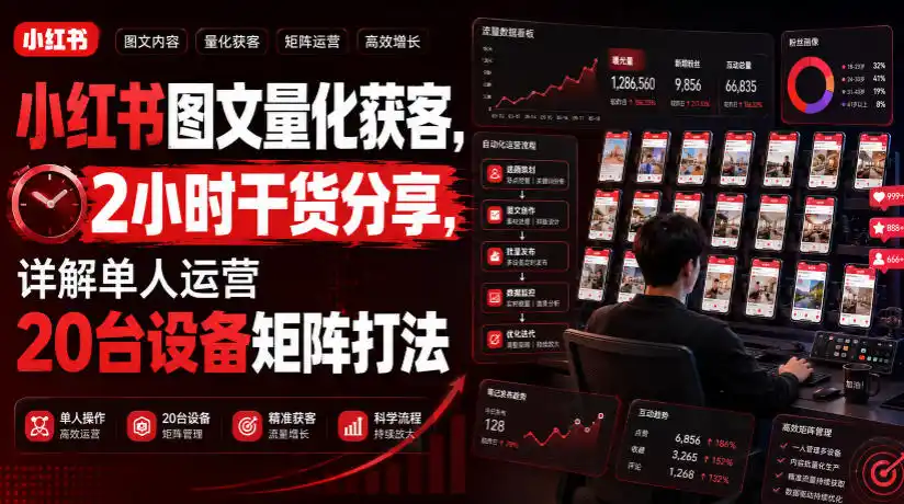 小红书图文量化获客，2小时干货分享，详解单人运营20台设备矩阵打法-北极星资源库