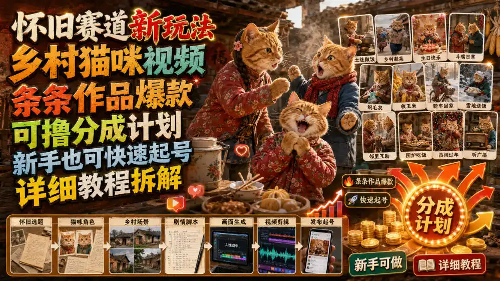 怀旧赛道新玩法，乡村猫咪视频，条条作品爆款，可撸分成计划，新手也可快速起号，详细教程拆解-北极星资源库