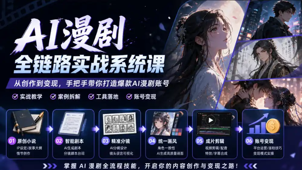AI漫剧全链路实战系统课|原创小说、智能剧本、精准分镜、统一画风、成片剪辑、账号变现实操教学-北极星资源库