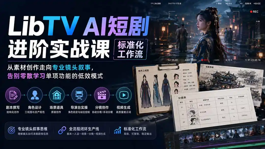 LibTV AI短剧进阶实操课标准化工作流；从素材创作走向专业镜头叙事，告别零散学习单项功能的低效模式-北极星资源库