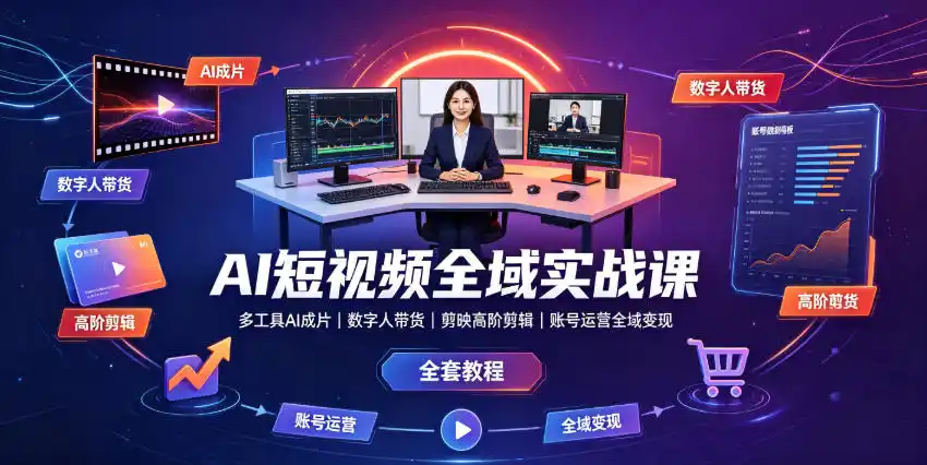 AI短视频全域实战课｜多工具AI成片、数字人带货、剪映高阶剪辑、账号运营全域变现全套教程-北极星资源库