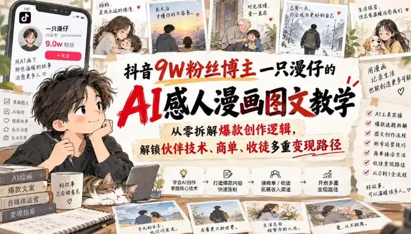 抖音9W粉丝博主一只漫仔的AI感人漫画图文教学,从零拆解爆款创作逻辑,解锁伙伴技术、商单、收徒多重变现路径-北极星资源库