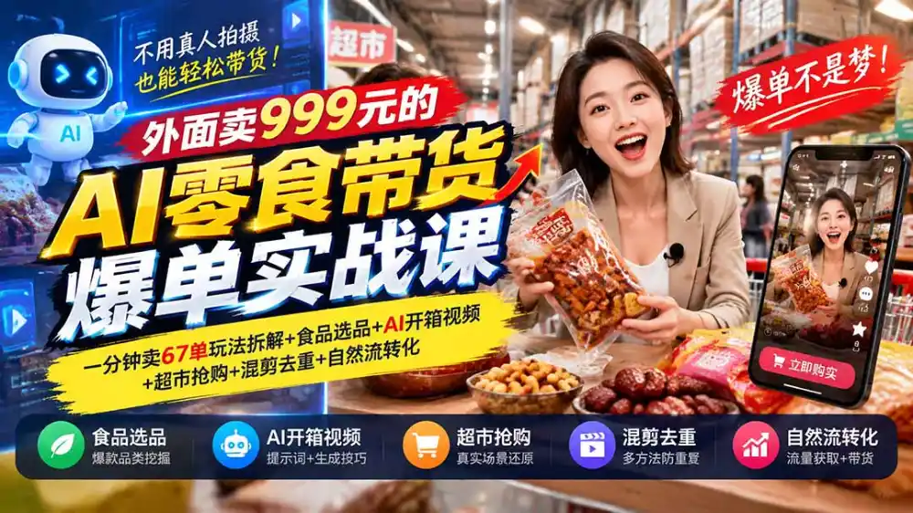 外面卖999元的AI零食带货爆单实战课｜一分钟卖67单玩法拆解+食品选品+AI开箱视频+超市抢购+混剪去重+自然流转化-北极星资源库