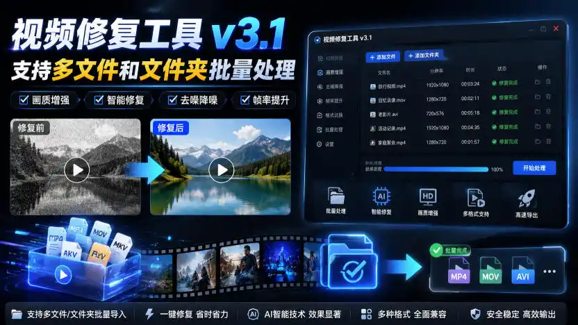 视频修复工具v3.1，支持多文件和文件夹批量处理-北极星资源库