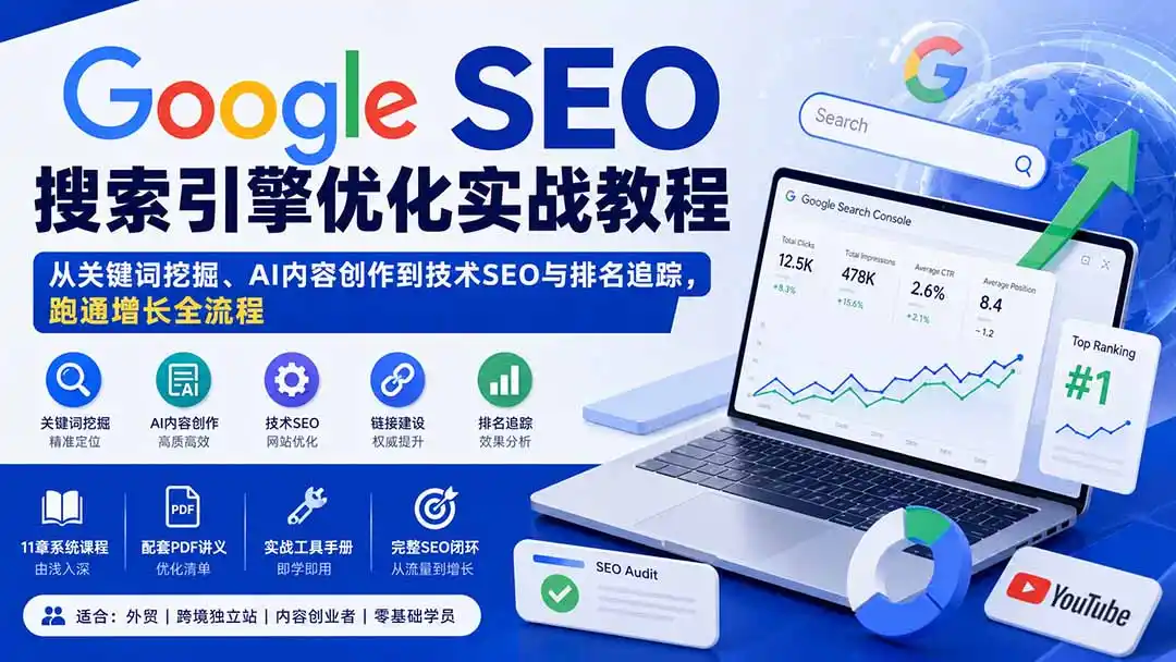 Google SEO搜索引擎优化实战教程：从关键词挖掘、AI内容创作到技术SEO与排名追踪，跑通增长全流程-北极星资源库