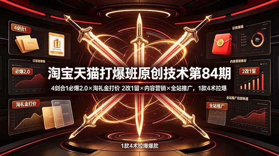 淘宝天猫打爆班原创技术第84期：4剑合1必爆2.0×淘礼金打价×2改1留×内容营销×全站推广，1款4术拉爆-北极星资源库