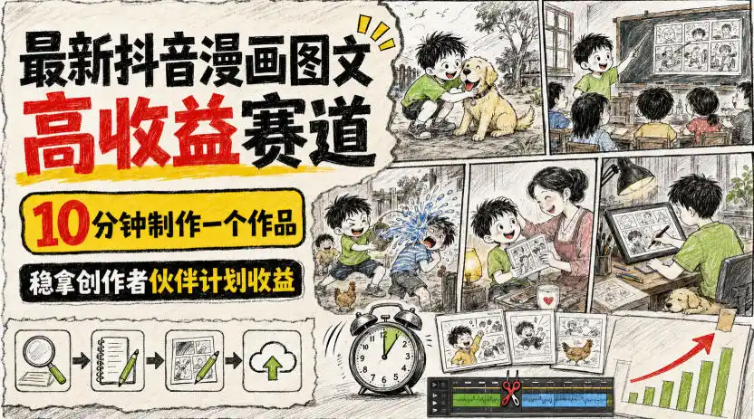 最新抖音漫画图文高收益赛道，10分钟制作一个作品，稳拿创作者伙伴计划收益-北极星资源库