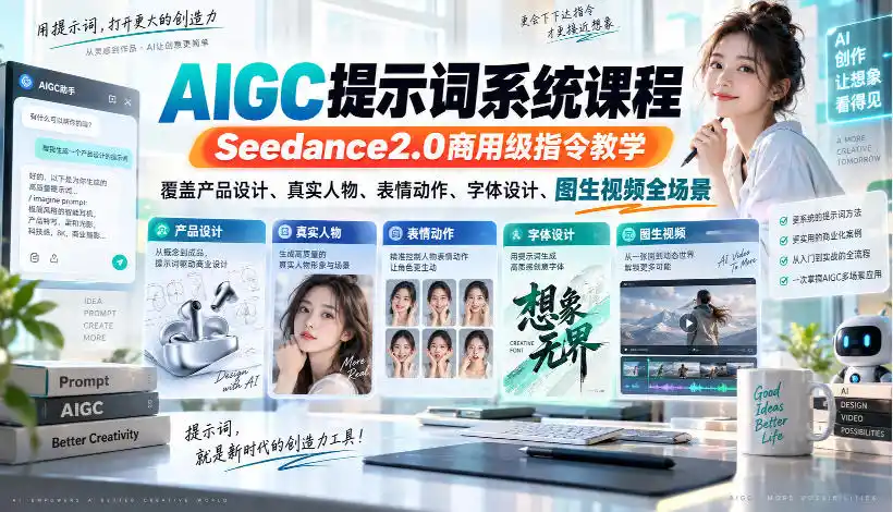 AIGC提示词系统课程,Seedance2.0商用级指令教学,覆盖产品设计、真实人物、表情动作、字体设计、图生视频全场景-北极星资源库