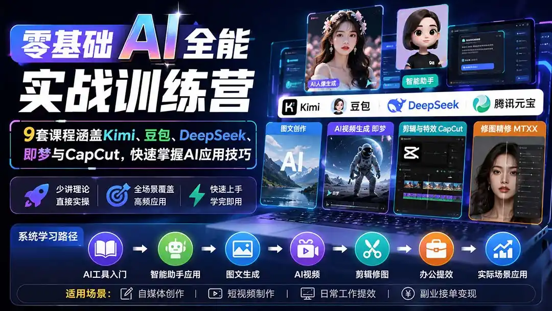 零基础AI全能实战训练营：9套课程涵盖Kimi、豆包、DeepSeek、即梦与CapCut，快速掌握AI应用技巧-北极星资源库