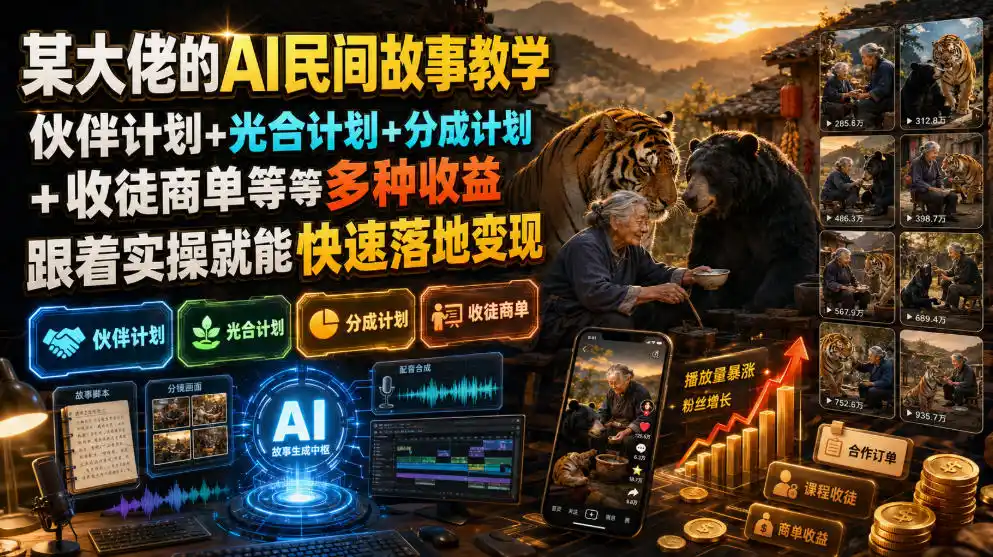 某大佬的AI民间故事教学，伙伴计划+光合计划+分成计划+收徒商单等多种收益，跟着实操就能快速落地变现-北极星资源库